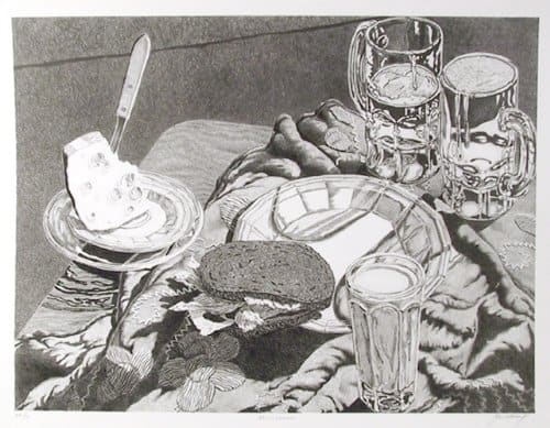 Wisconsin - Black and white still life. Some editions may be artist proofs or printer proofs. Wisconsin, 1975 Lithography Edition of 50 by Jack Beal.